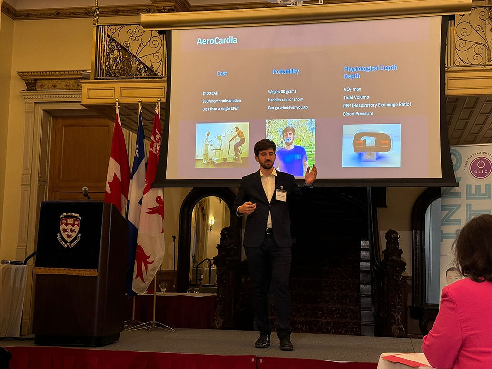 Matthew Behr presenting AeroCardia on stage at the CLIC innovation competition
